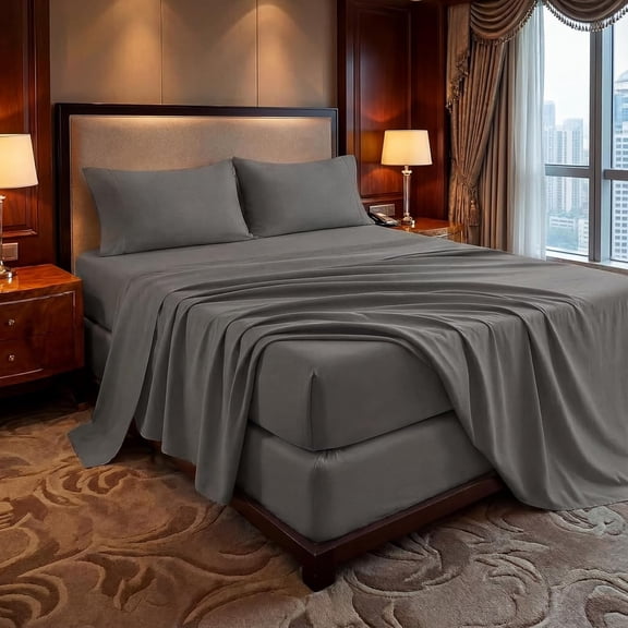 JJEAN-Hotel Collection Full Sheet Set - 4-Piece Ultra-Soft Microfiber, Extra Deep Pocket, Full Size Fitted Sheet with Double Side Pockets, Cooling & Breathable, Wrinkle & Fade Resistant, Grey