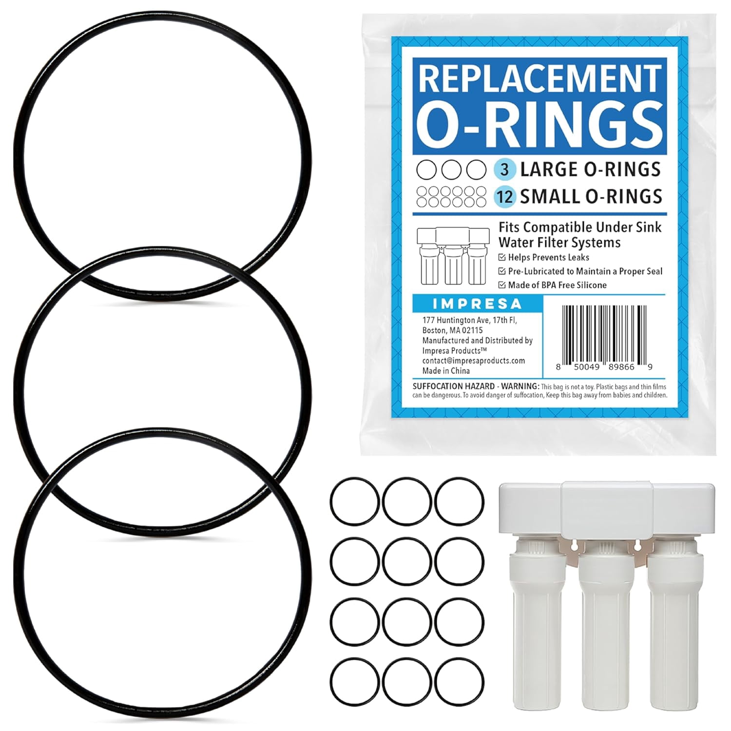 JJEAN-Impresa 15-Piece O-Ring Variety Pack for Water Filters - Compatible with Aquasana Claryum AQ - Black Silicone - 5300 Under Sink Water Filter System - Pre-Lubricated Leak-Sealing O Rings