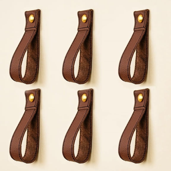JJEAN-IndianShelf Decorative Leather Wall Hooks - Multi-Purpose Boho Loop Straps for Curtains, Knobs, Bathroom, Kitchen & Home Organization (Brown)- 6 Pieces