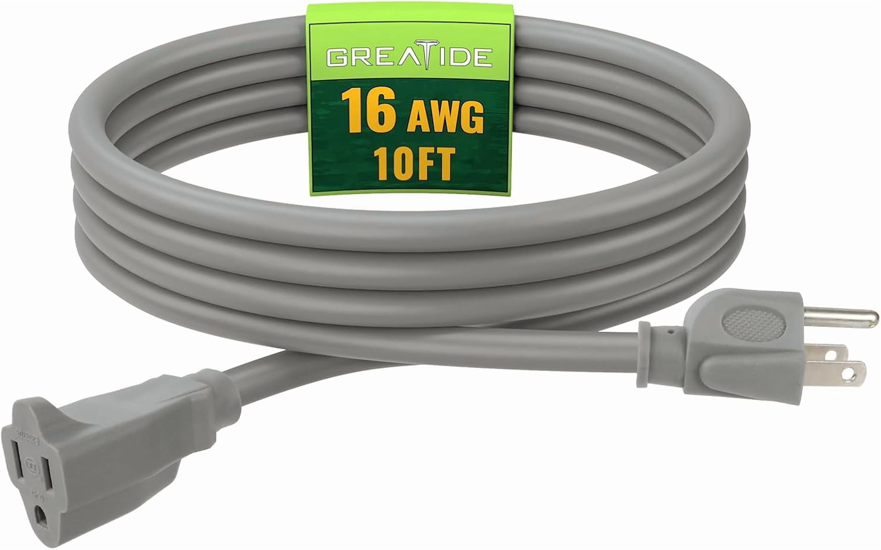 JJEAN-Indoor Outdoor Extension Cord 10 FT, 16/3 SJTW Weatherproof Grey Electrical Cords, 13 AMP Heavy Duty 3 Prong Power Cable Great for Garden, Landscaping & Holiday Decorations