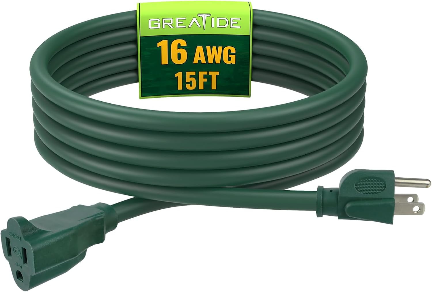 JJEAN-Indoor Outdoor Extension Cord 15 FT, 16/3 SJTW Weatherproof Green Electrical Cords, 13 AMP Heavy Duty 3 Prong Power Cable Great for Garden, Landscaping & Holiday Decorations