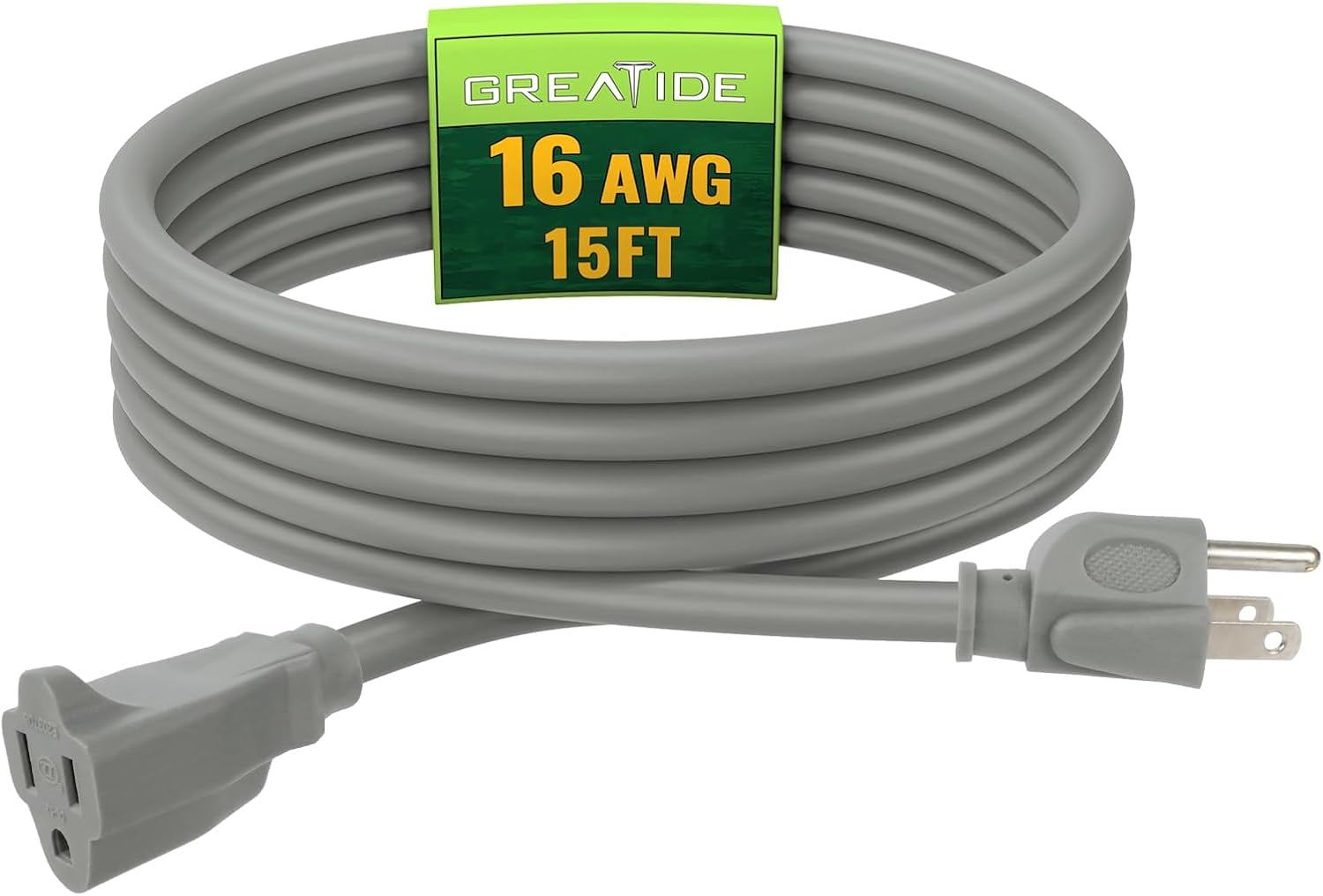JJEAN-Indoor Outdoor Extension Cord 15 FT, 16/3 SJTW Weatherproof Grey Electrical Cords, 13 AMP Heavy Duty 3 Prong Power Cable Great for Garden, Landscaping & Holiday Decorations