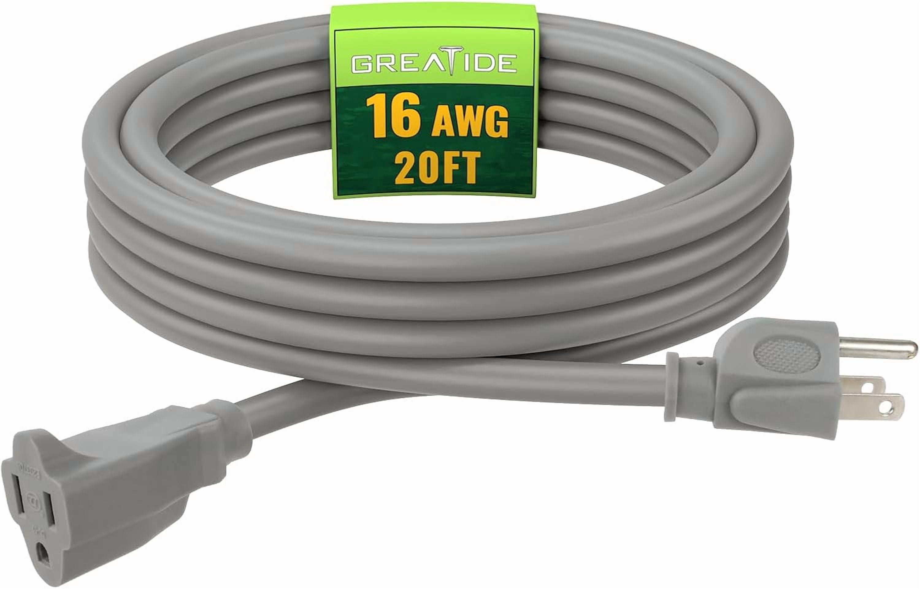 JJEAN-Indoor Outdoor Extension Cord 20 FT, 16/3 SJTW Weatherproof Grey Electrical Cords, 13 AMP Heavy Duty 3 Prong Power Cable Great for Garden, Landscaping & Holiday Decorations