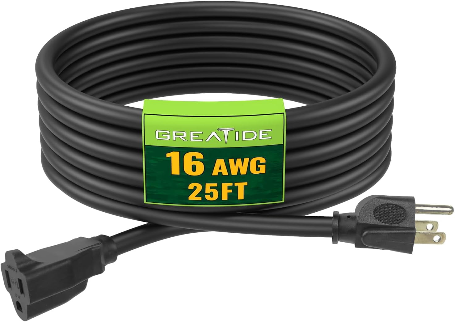 JJEAN-Indoor Outdoor Extension Cord 25 FT, 16/3 SJTW Weatherproof Black Electrical Cords, 13 AMP Heavy Duty 3 Prong Power Cable Great for Garden, Landscaping & Holiday Decorations