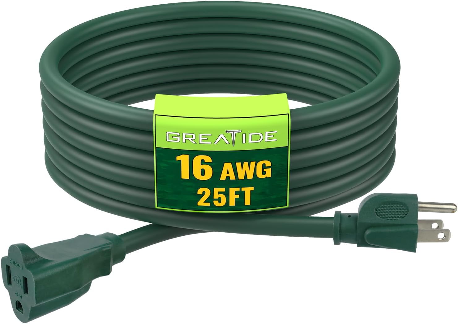 JJEAN-Indoor Outdoor Extension Cord 25 FT, 16/3 SJTW Weatherproof Green Electrical Cords, 13 AMP Heavy Duty 3 Prong Power Cable Great for Garden, Landscaping & Holiday Decorations