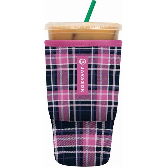 JJEAN-JavaSok Iced Coffee & Cold Soda Insulated Neoprene Cup Sleeve (Berry Plaid, Large: 30-32oz)