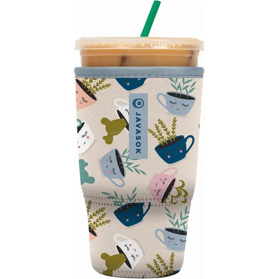 JJEAN-JavaSok Iced Coffee & Cold Soda Insulated Neoprene Cup Sleeve (Botanical Teacups, Large: 30-32oz)