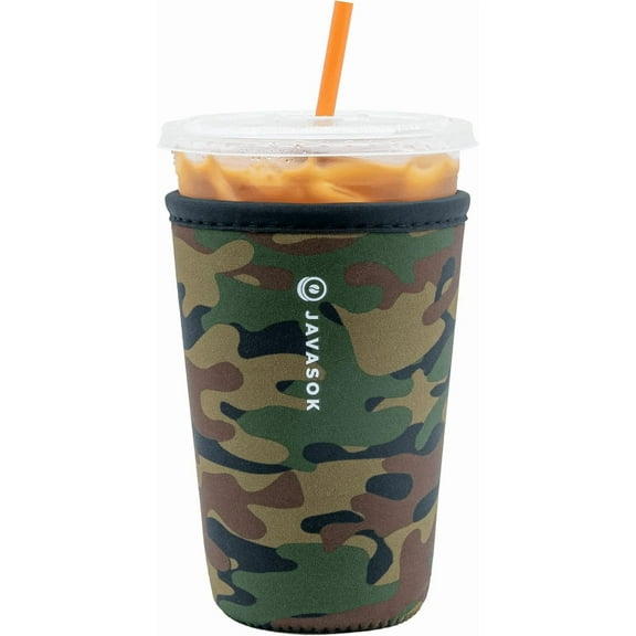 JJEAN-JavaSok Iced Coffee & Cold Soda Insulated Neoprene Cup Sleeve (Green Camo, Medium: 22-28oz)