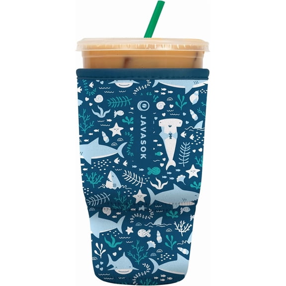 JJEAN-JavaSok Iced Coffee & Cold Soda Insulated Neoprene Cup Sleeve (Happy Sharks, Large: 30-32oz)