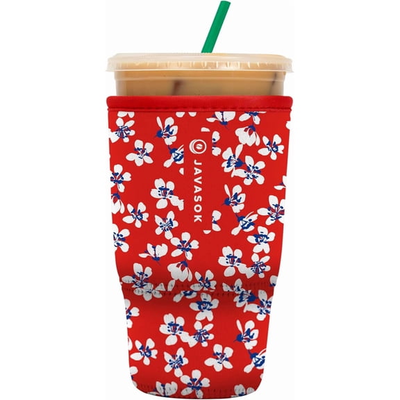JJEAN-JavaSok Iced Coffee & Cold Soda Insulated Neoprene Cup Sleeve (Red White and Bloom, Large: 30-32oz)