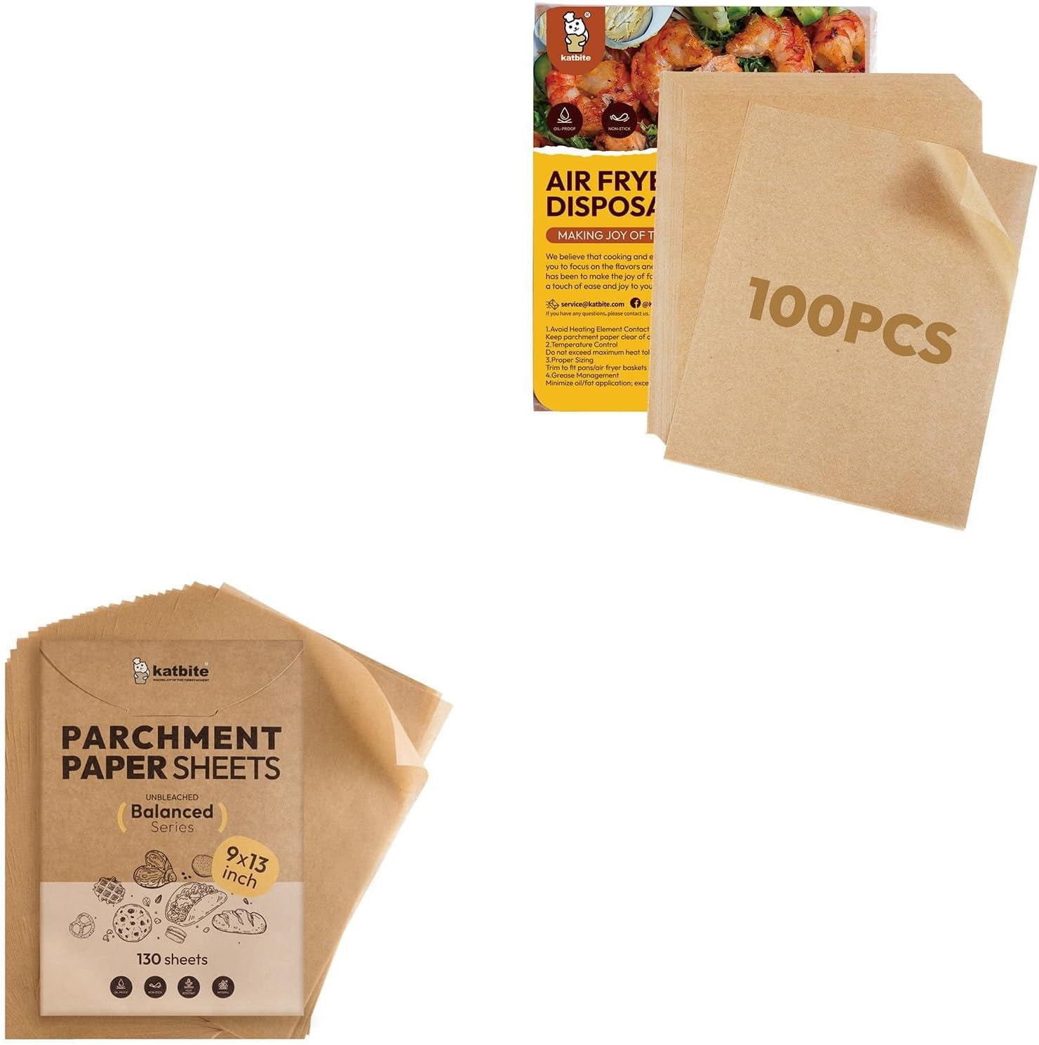 JJEAN-Katbite Air Fryer Disposable Paper Liners + Katbite 130 Pcs Parchment Paper Sheets
