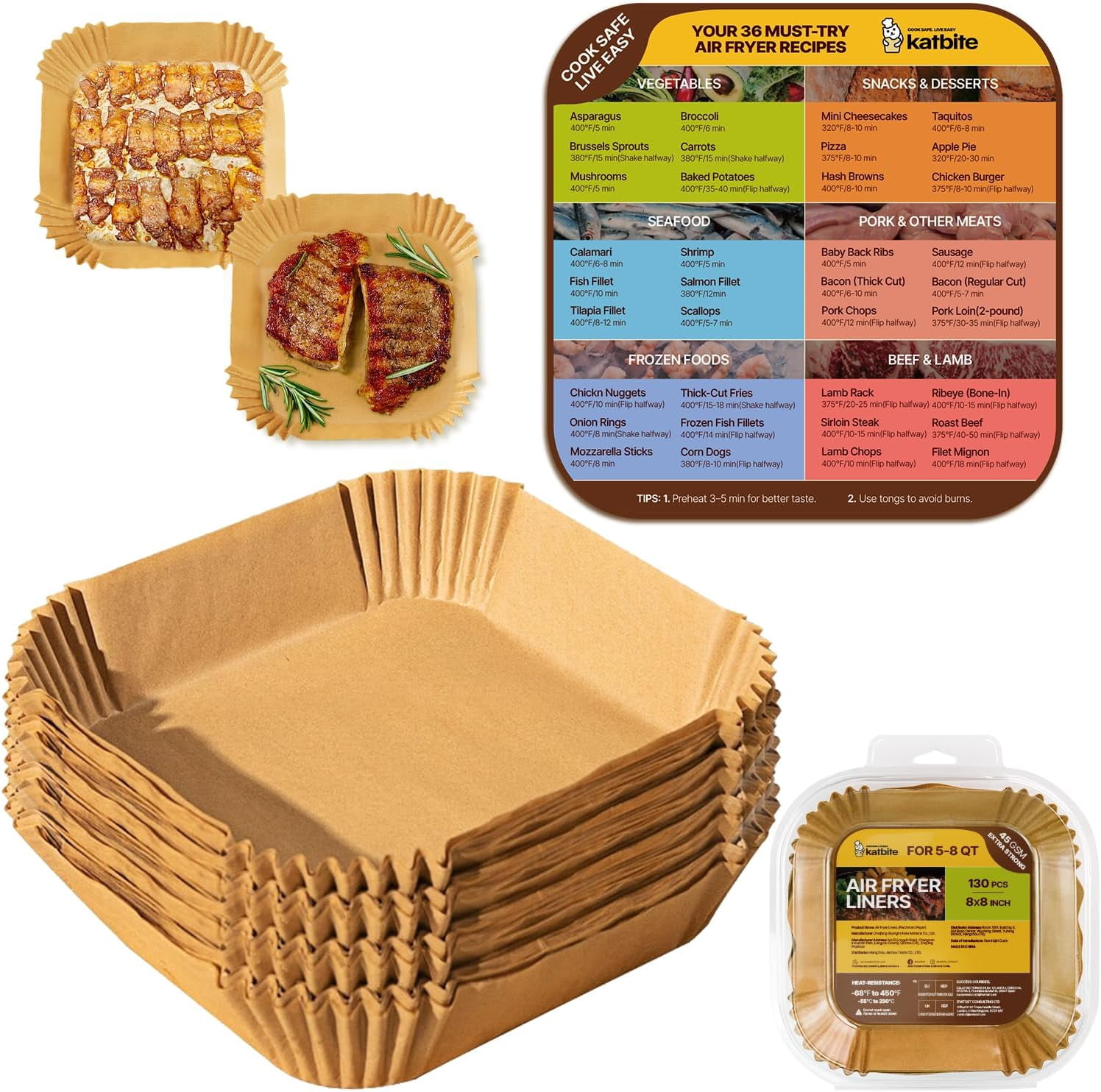 JJEAN-Katbite Air Fryer Liners Disposable - 8 inch Square Non-Stick Airfryer Paper Liners with Recipe Fridge Magnet, Unbleached Parchment Paper for 5 to 8 Qt Basket, Easy Cleanup, 130pcs