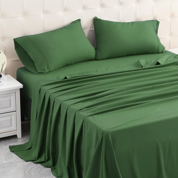 JJEAN-King Bed Sheets Set, Soft Breathable Bedding Sheet Set, Sheets Set with 16" Deep Pocket Design (4 Pieces, King, Dark Moss Green)