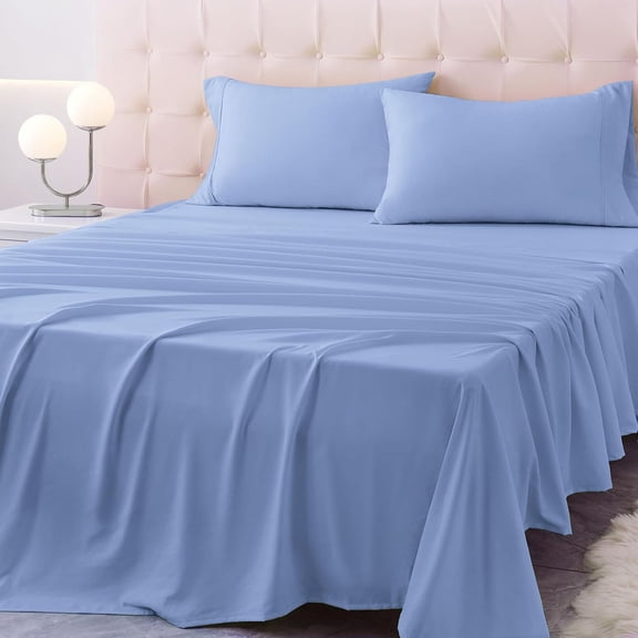 JJEAN-King Size Bed Sheet Set - 4 Piece Soft Microfiber Sheets with Deep Pockets, Cooling Technology, and Wrinkle-Free Pillowcase. Hotel-Quality, Durable Bedding, Chambray Blue