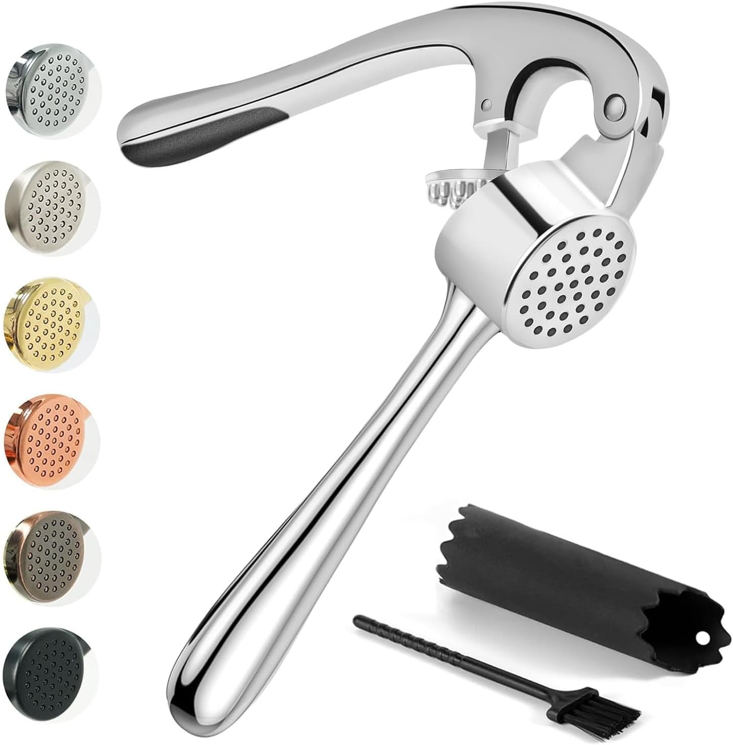 JJEAN-Kitessensu High Effective Premium Garlic Press Set, With Silicone Garlic Peeler & Brush, Heavy Duty Garlic Mincer, Easy to Squeeze and Clean, Rust Proof - Gloss Silver