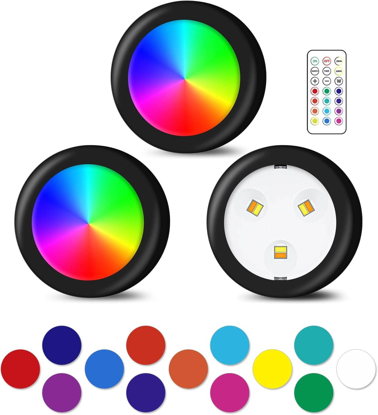 JJEAN-LED Lights with Wireless Remote, 13 Color RGB - for Closet, Under Cabinet,Bedroom Wall, Battery Powered Puck Lights. Convenient 3M Stick On
