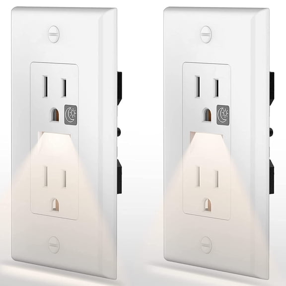 JJEAN-LED Night Light Outlet-Easy to Install,Nightlight Electrical Outlets,Standard Duplex Receptacle,15A 125V,2 Pole 3 Wire,Self Grounding,Outlet Covers Included (Glossy White,2 Pack)