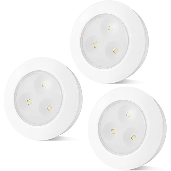 JJEAN-LED Puck Light, Stick on Lights, Closet Lights Battery Operated, Tap Lights, 60 Lumens Touch Light, Under Cabinet Lighting, Ideal for Kitchen Cabinets, Closets, Garage and More, 3-Pack, White