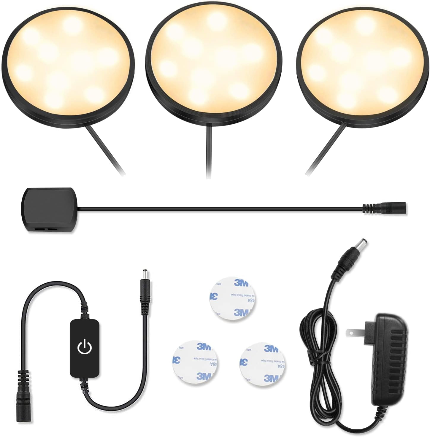 JJEAN-LED Puck Lights, Under Cabinet Lighting Black Trim, 3000K Warm White, CRI90+, Touch Dimming, All Accessories Included, Under Counter Lighting for Kitchen, Closet Lights, Safe Light, 3-Pack