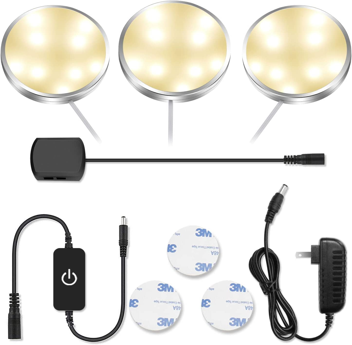 JJEAN-LED Puck Lights, Under Cabinet Lighting Silver Trim, 3000K Warm White, CRI90+, Touch Dimming, All Accessories Included, Under Counter Lighting for Kitchen, Closet Lights, Safe Light, 3-Pack
