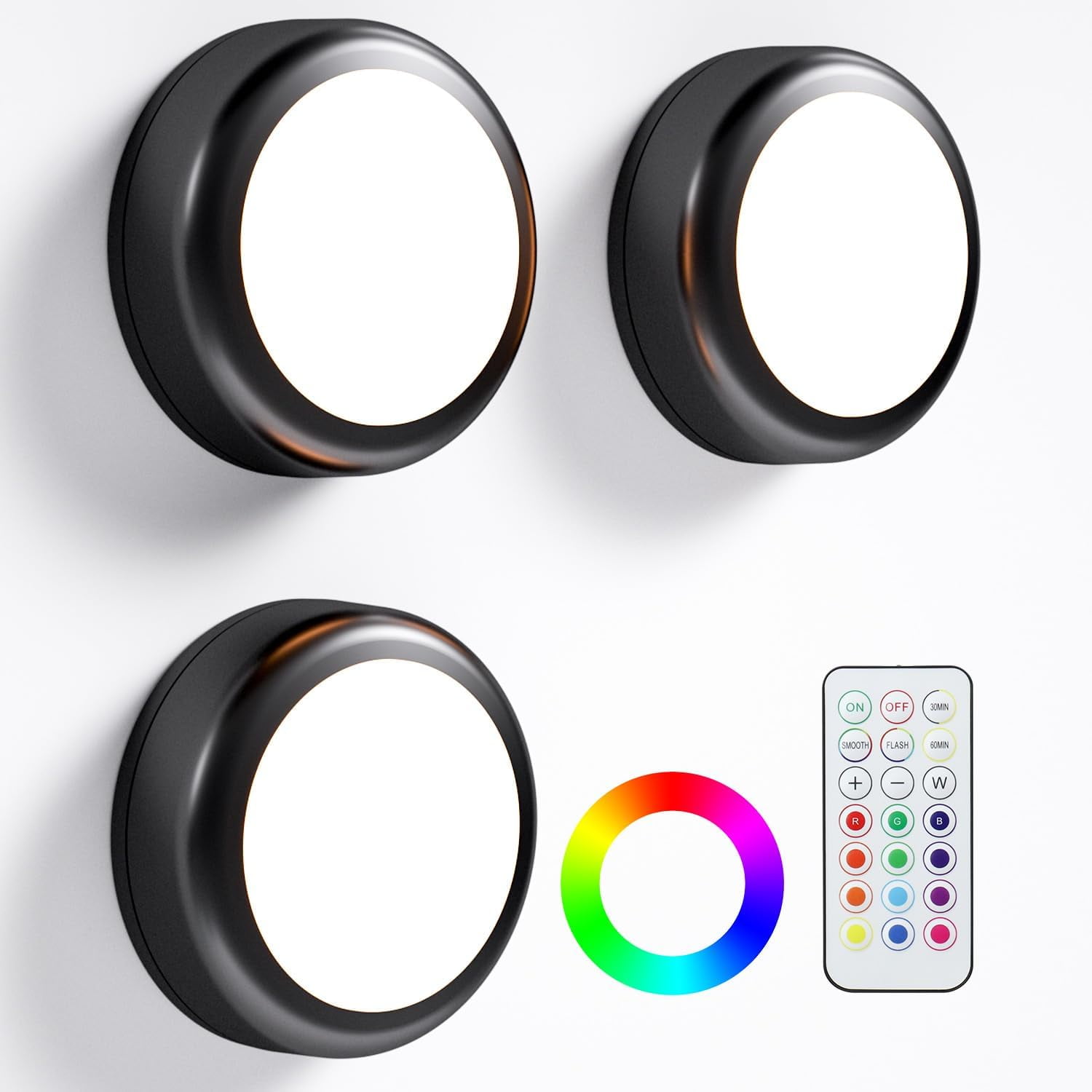JJEAN-LED Puck Lights with Remote, 13-Color Under Cabinet Lighting Wireless, Battery Operated Stick-On Lights, Dimmable Push Light for Closet/Shelf/Wall (Black-3 Pack)