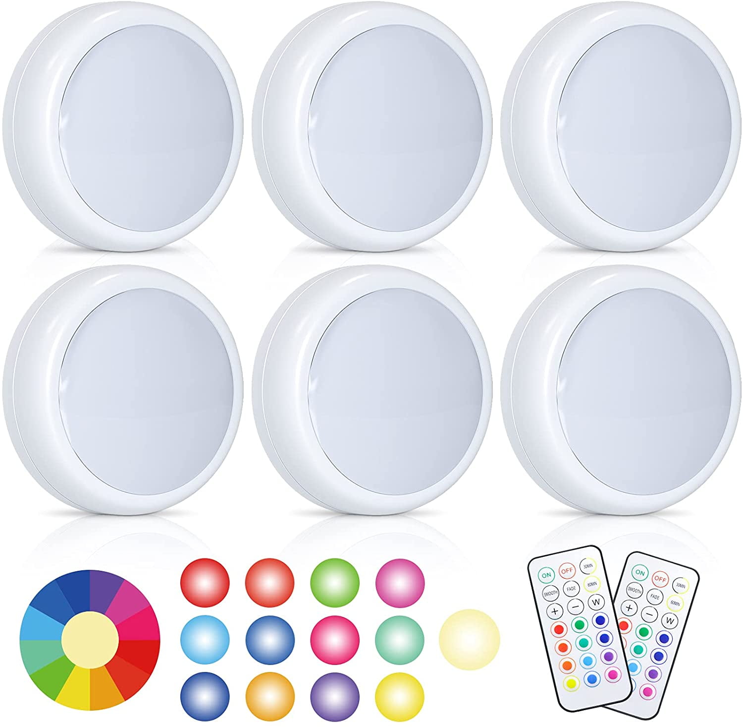 JJEAN-LED Puck Lights with Remote Control, 50lm RGBW Color Changing Closet Battery Light, 13 Colors Stick-on Under Cabinet Lighting, with Dimmable Function, 6 Pack