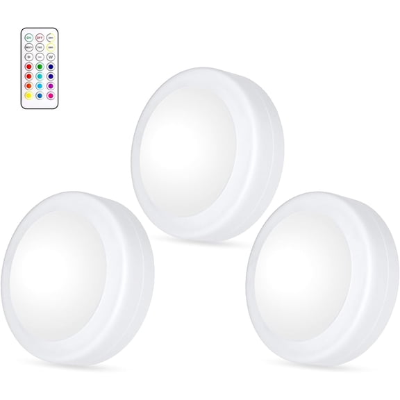 JJEAN-LED Puck Lights with Remote Control, AA Battery Operated, 12 Color Closet Under Cabinet Lighting, Push Tap Light, Under Counter for Kitchen, 3 Pack, White-Magnetic
