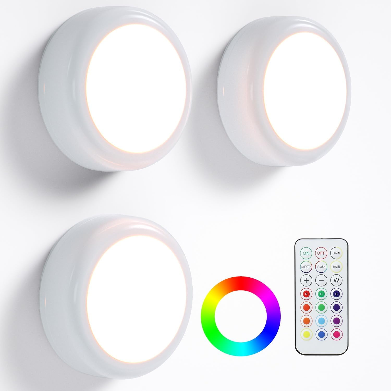 JJEAN-LED Puck Lights with Remote Control, Under Cabinet Lighting Stick on Tap/Push Lights, Battery Operated Closet Lights, Wireless Led Wall Light for Bedroom, Under Counter Light for Kitchen,3 Pack