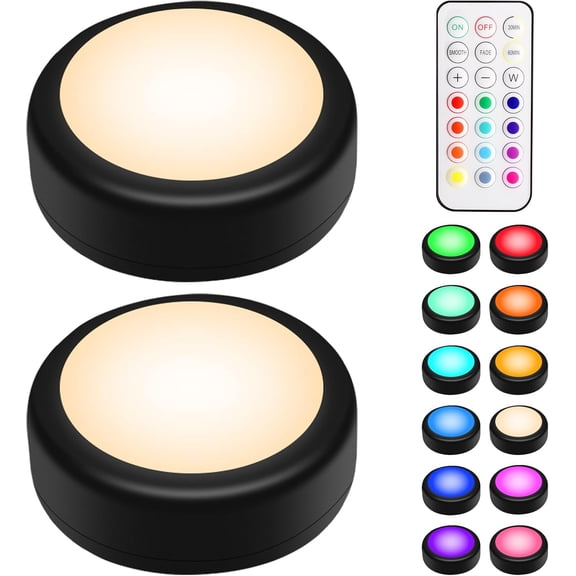 JJEAN-LED Puck Lights with Remote Control, Wireless Under Cabinet & Closet Lighting, RGB 13 Color Changing Lights with Dimmer, Timer & AA Battery Operated, Push, Touch, Stick on for Night, Black, 2 P