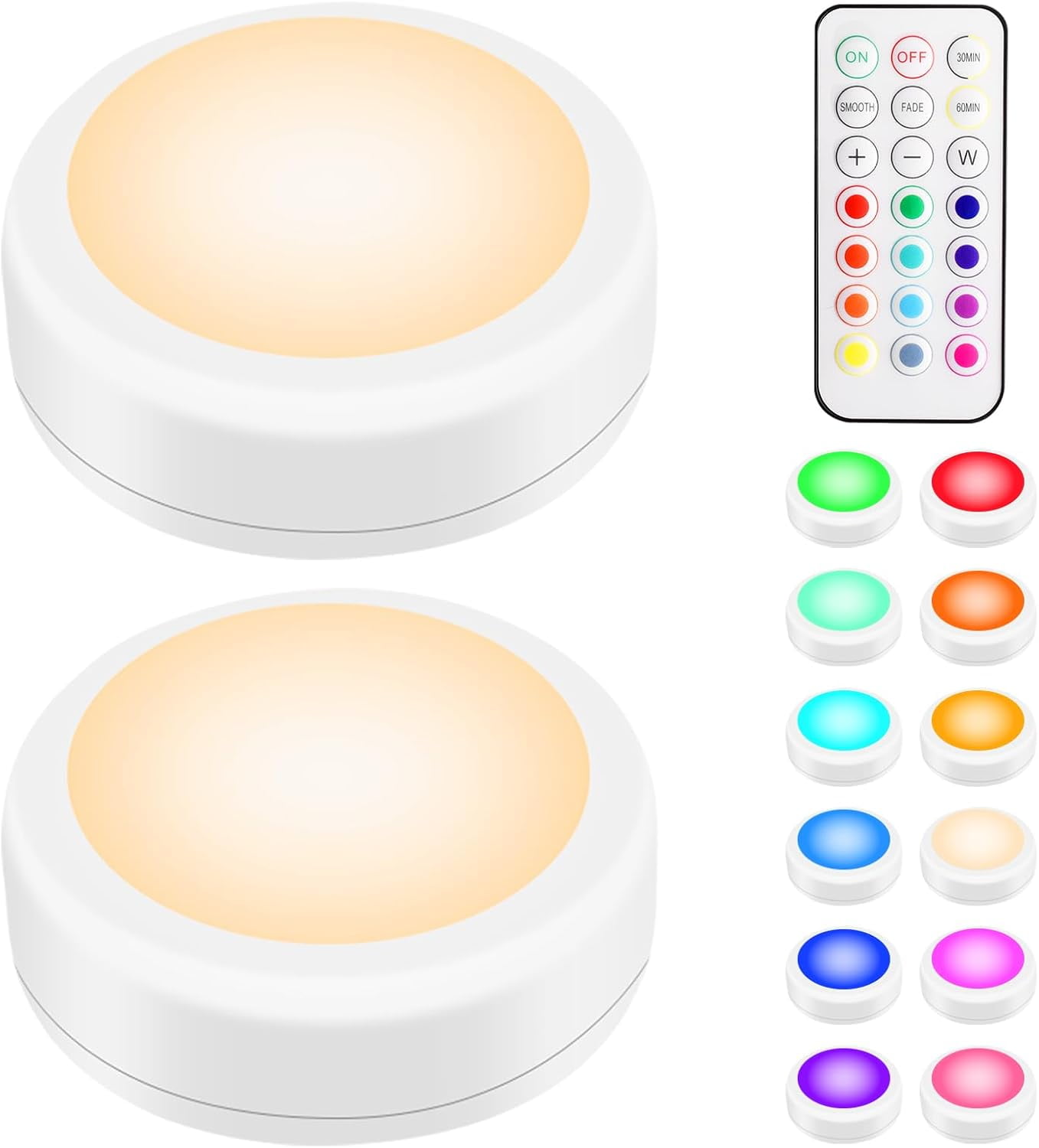 JJEAN-LED Puck Lights with Remote Control, Wireless Under Cabinet & Closet Lighting, RGB 13 Color Changing Lights with Dimmer, Timer & AA Battery Operated, Push, Touch, Stick on for Night, White, 2 P
