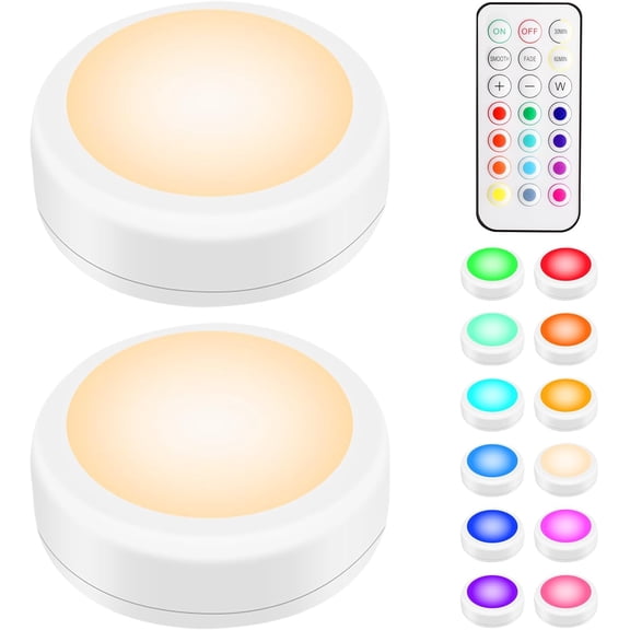 JJEAN-LED Puck Lights with Remote Control, Wireless Under Cabinet & Closet Lighting, RGB 13 Color Changing Lights with Dimmer, Timer & AA Battery Operated, Push, Touch, Stick on for Night, White, 2 P