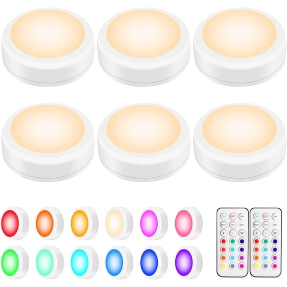 JJEAN-LED Puck Lights with Remote Control, Wireless Under Cabinet & Closet Lighting, RGB 13 Color Changing Lights with Dimmer, Timer & AA Battery Operated, Push, Touch, Stick on for Night, White, 6 P