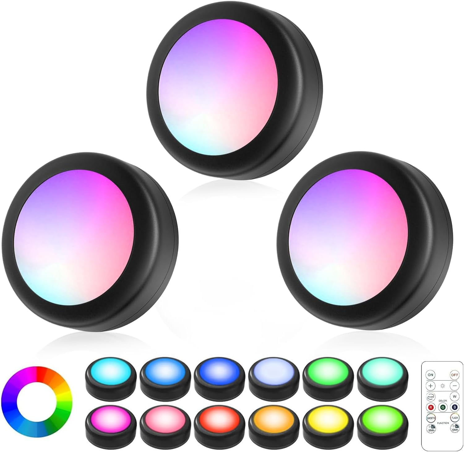 JJEAN-LED Puck Lights with Remote Control, Wireless Under Cabinet Lighting,Color Changing Lights with Dimmer and Timer, AAA Battery Operated Powered Push Night Lights (3 Pack Black)