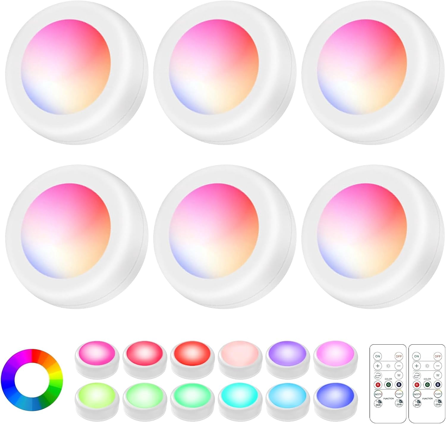 JJEAN-LED Puck Lights with Remote Control, Wireless Under Cabinet Lighting,Color Changing Lights with Dimmer and Timer, AAA Battery Operated Powered Push Night Lights (6 Pack White)