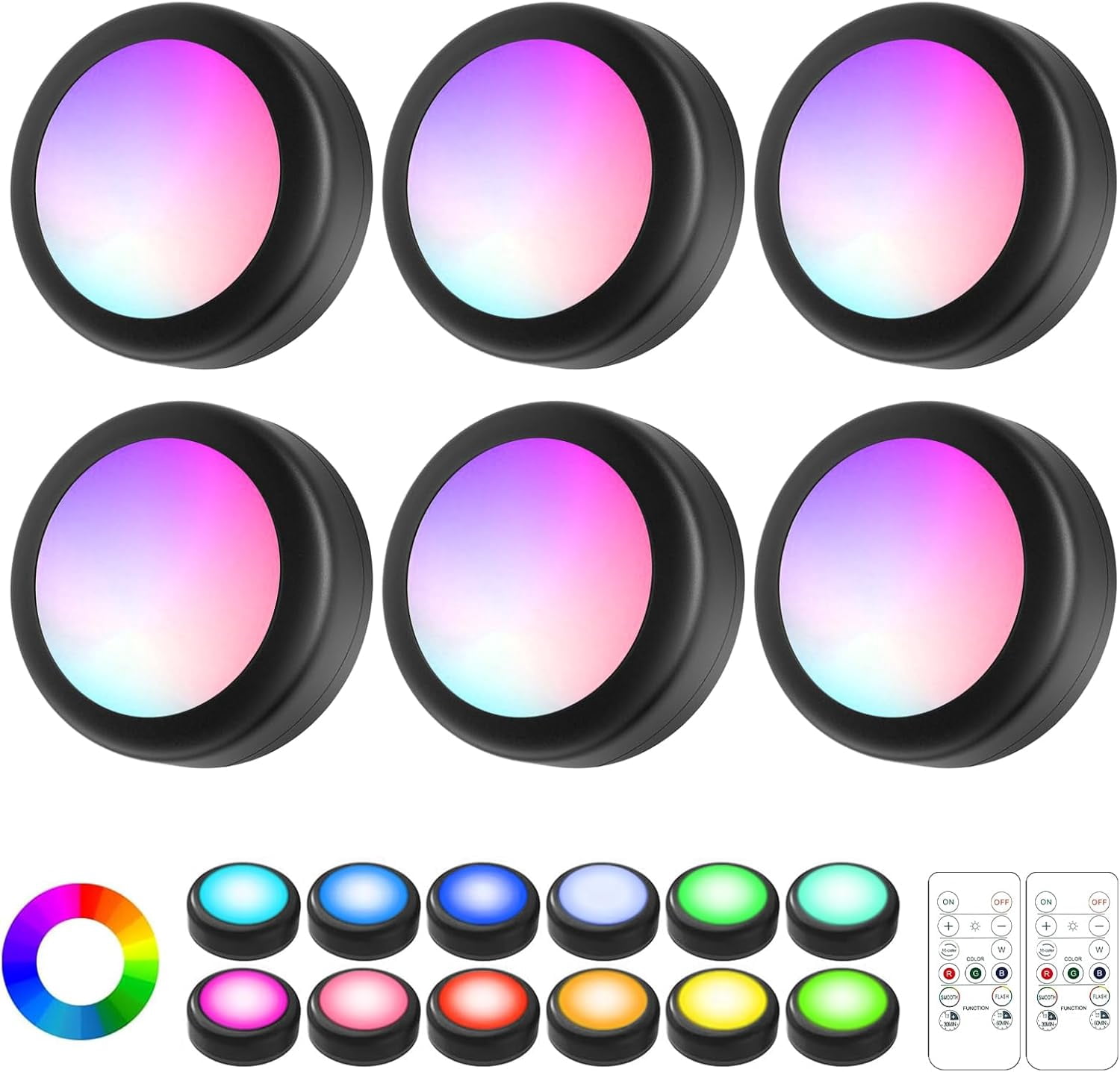 JJEAN-LED Puck Lights with Remote Control, Wireless Under Cabinet Lighting,Color Changing Lights with Dimmer and Timer, AAA Battery Operated Powered Push Night Lights (6 Pack Black)