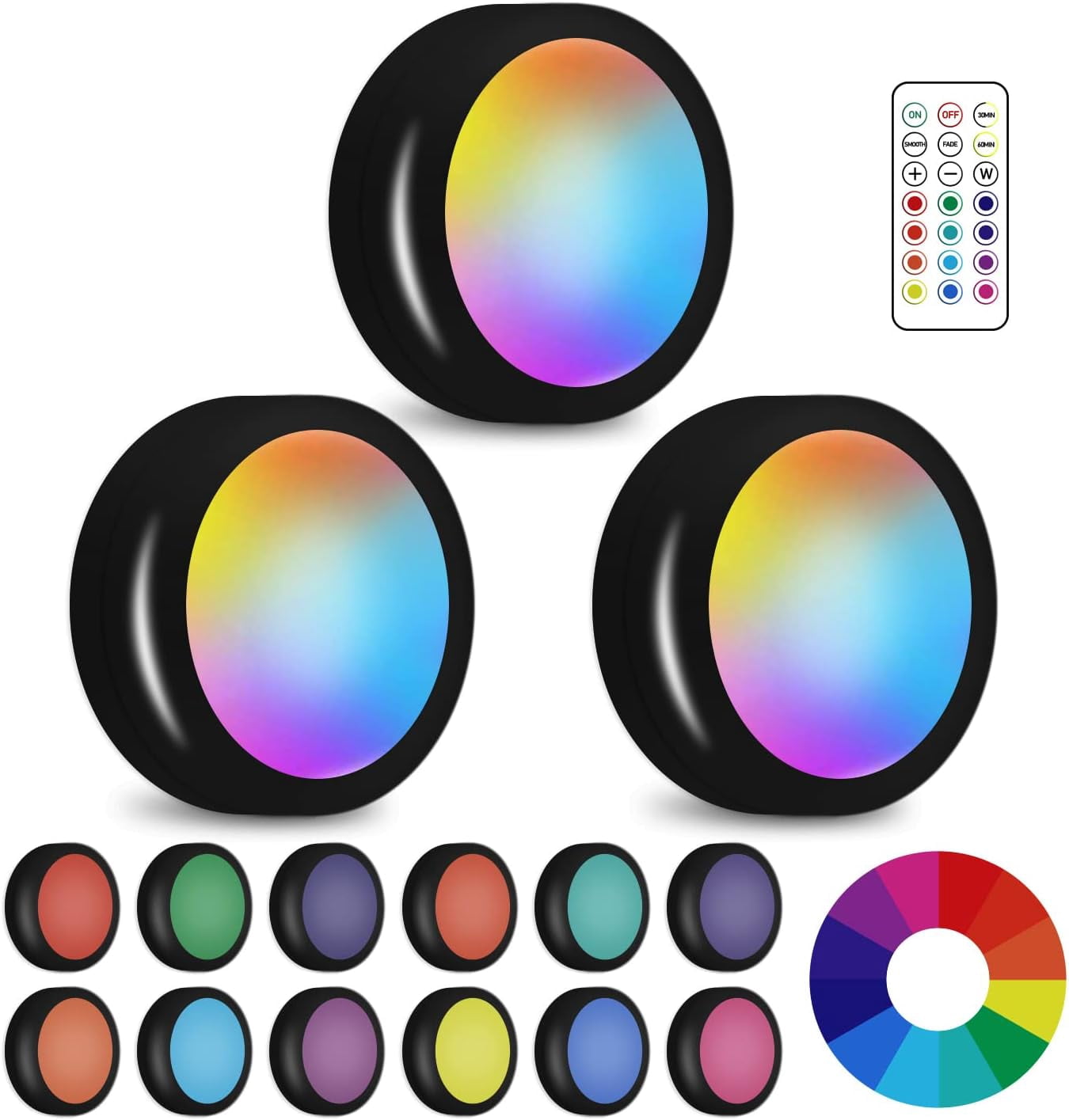 JJEAN-LED Puck Lights with Wireless Remote, 13 Colors RGB Dimmable Under Cabinet Lights, Battery Powered Color Changing Lights, Party Atmosphere Light for Kitchen Closet Counter, 3 Pack