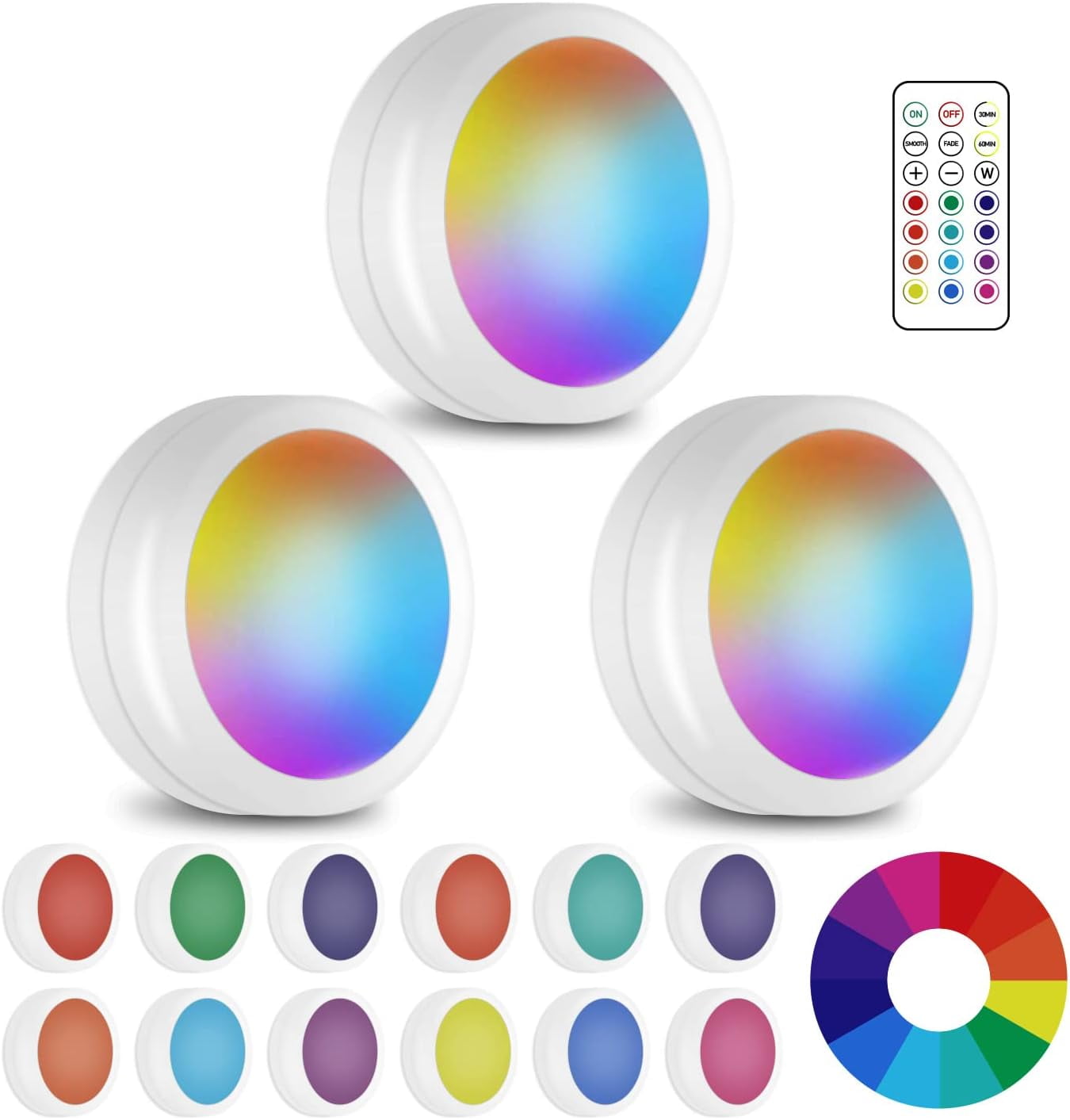JJEAN-LED Puck Lights with Wireless Remote, 13 Colors RGB Dimmable Under Cabinet Lights, Battery Powered Color Changing Lights, Party Atmosphere Light for Kitchen Closet Counter, 3 Pack