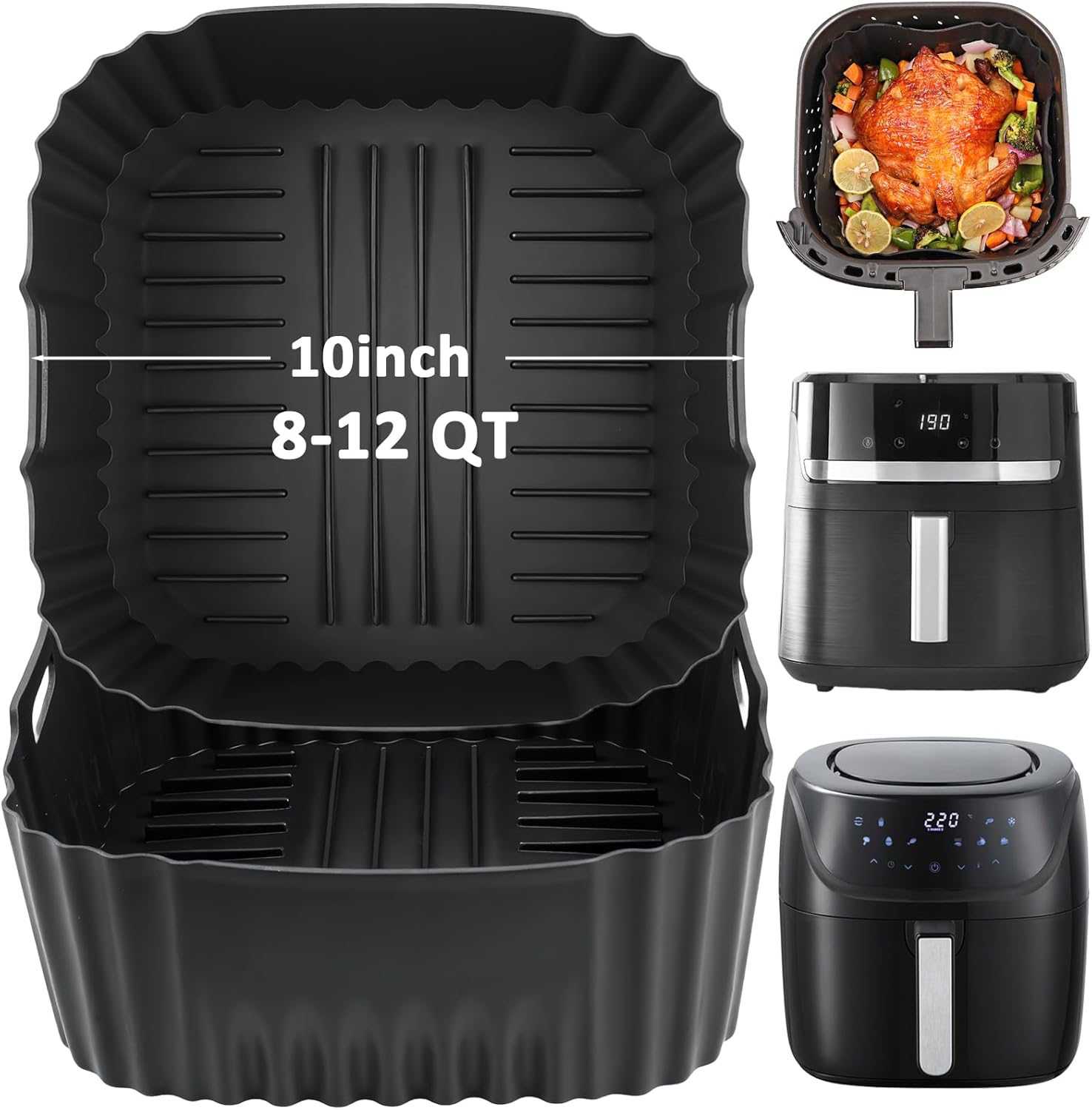 JJEAN-Large Air Fryer Silicone Liners Compatible with CHEFMAN 8QT/ 10 QT/ 12 QT & Other 8-12 Quart XL Airfryer, 2PCS 10 Inch Reusable Silicone Airfryer Oven Tray Insert, Air Fryer Accessories