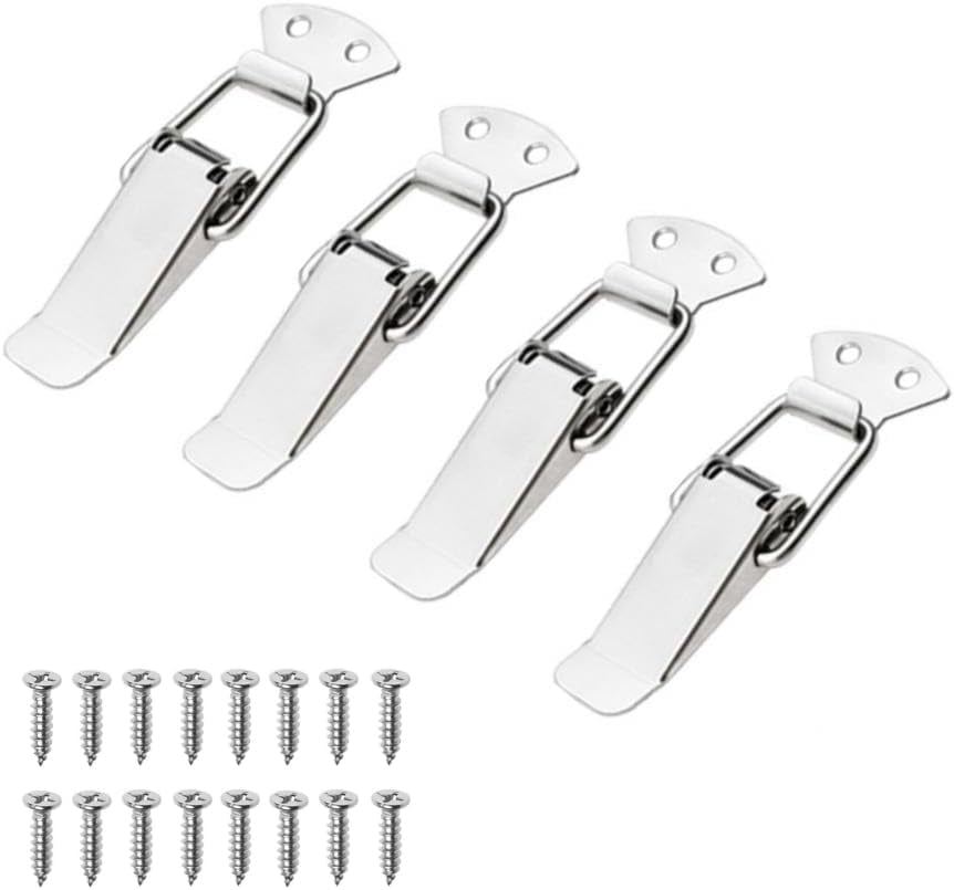 JJEAN-Latch, Stainless Steel Spring Loaded Toggle Latch, Silver Catch Hasp Clamp Clip Lock with for Cabinet, Wooden Case, Box (4 Pack)