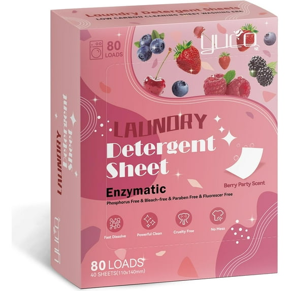 JJEAN-Laundry Detergent Sheets Berry Scent 80 Loads Eco Laundry Soap Washer Sheet, Liquidless Washing Detergent Sheets for Laundry for Travel, Plastic Free, Hypoallergenic