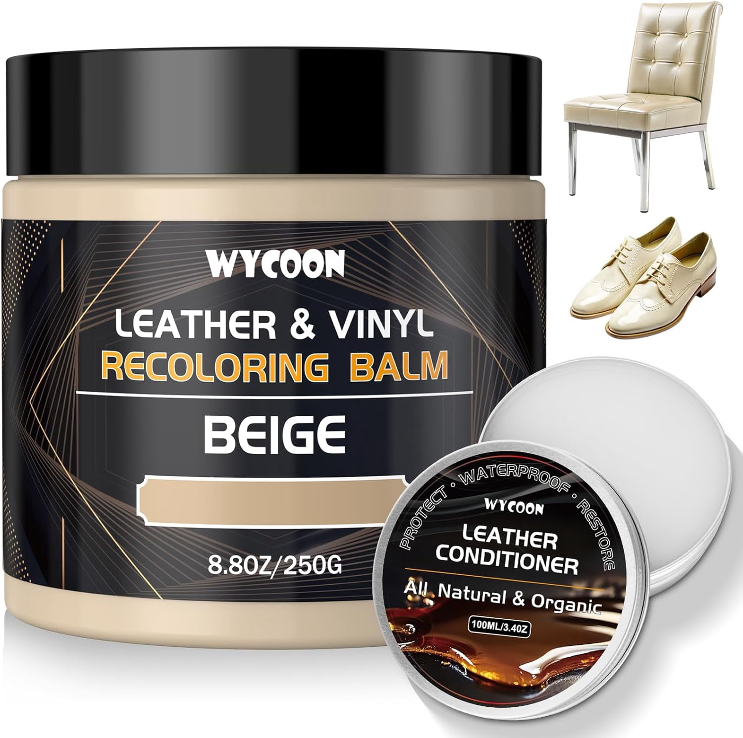 JJEAN-Leather Recoloring Balm with 100ml Mink Oil Conditioner | Beige Repair Kit, Dye & Color Restorer for Furniture, Sofa, Car Seats, Bags | Restore Faded & Scratched Surfaces