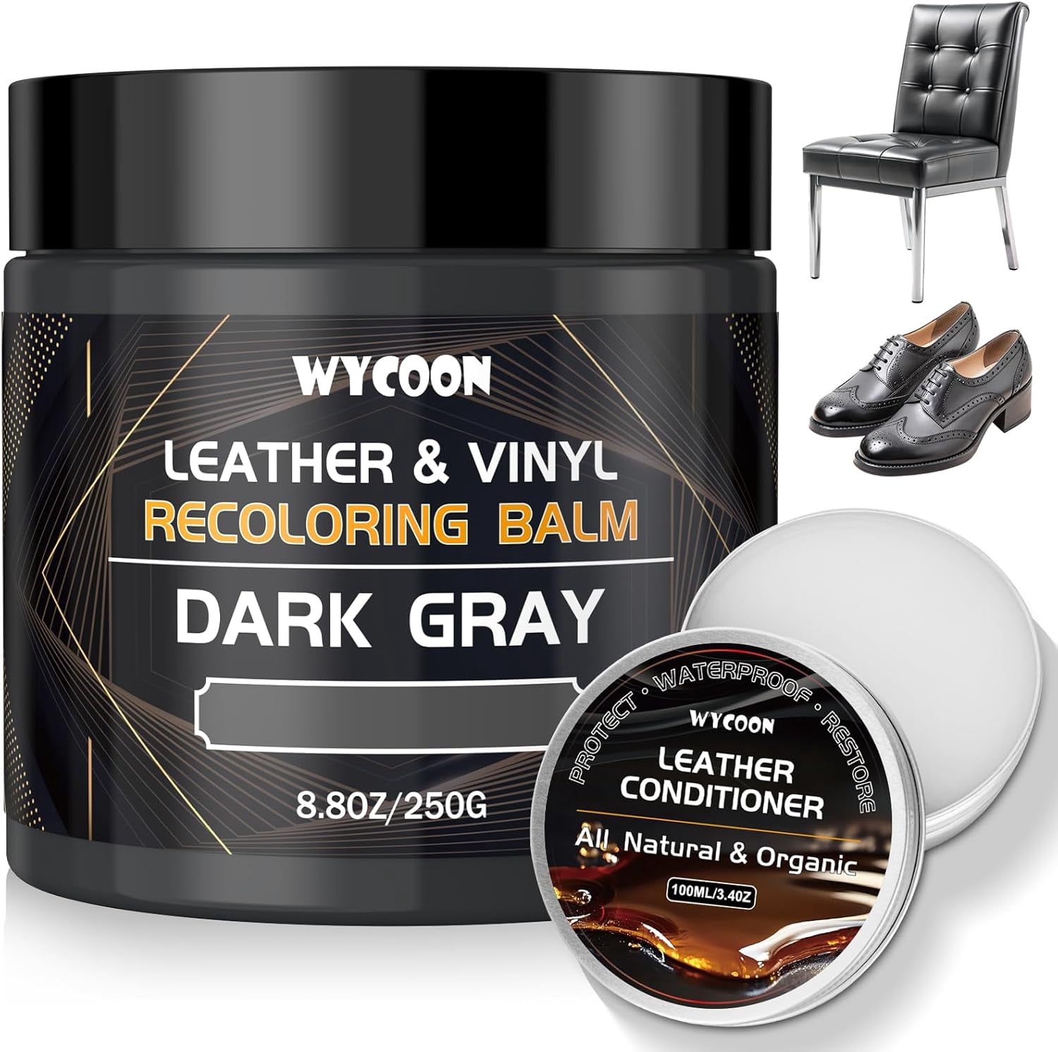 JJEAN-Leather Recoloring Balm with 100ml Mink Oil Conditioner | Dark Gray Repair Kit, Dye & Color Restorer for Furniture, Sofa, Car Seats, Bags | Restore Faded & Scratched Surfaces