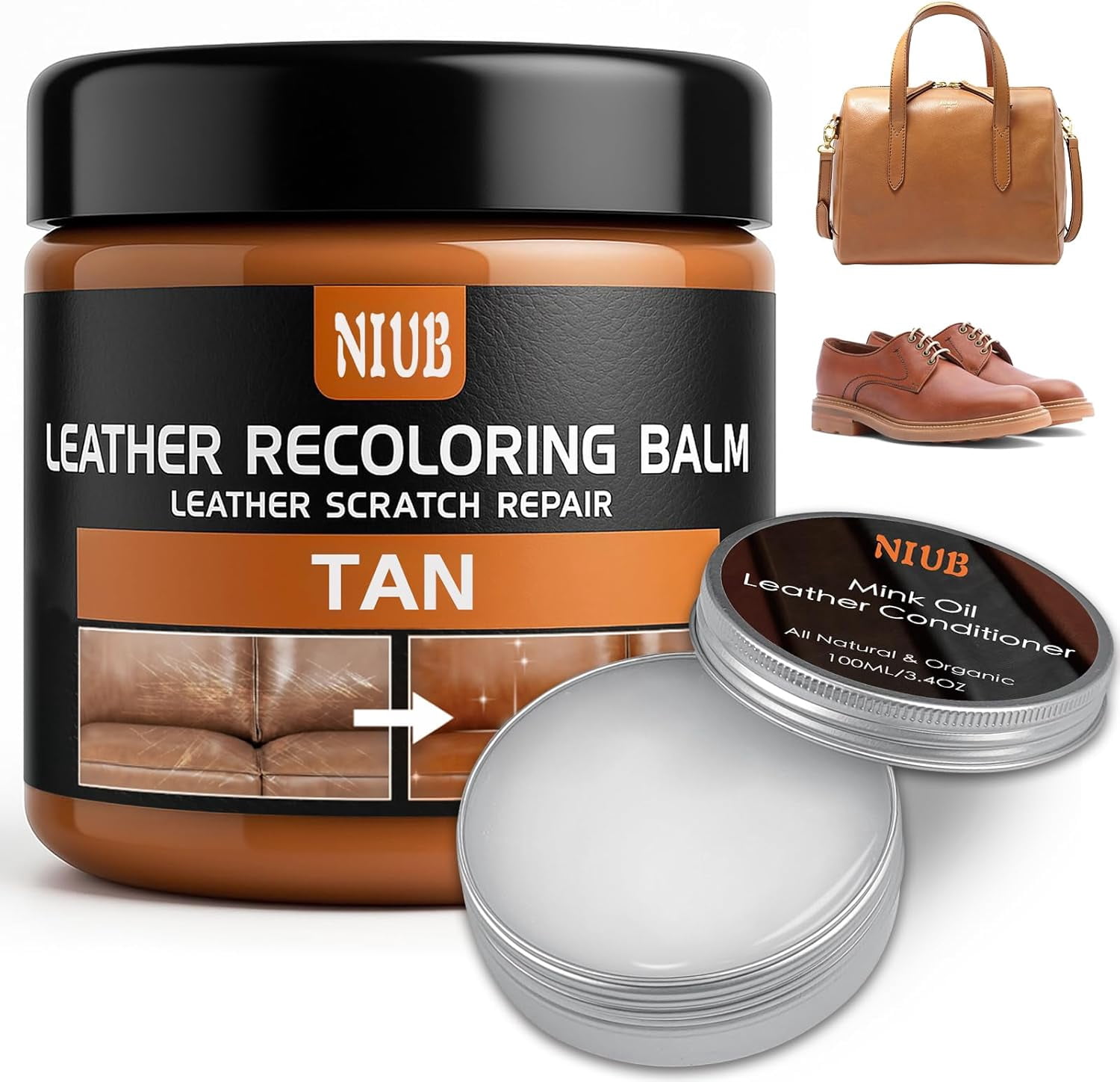 JJEAN-Leather Recoloring Balm Leather Color Restorer Scratch Repair Leather Paint for Furniture Couches Car Seats Shoes Bags Leather Dye and Scratched Leather with Leather Conditioner - TAN