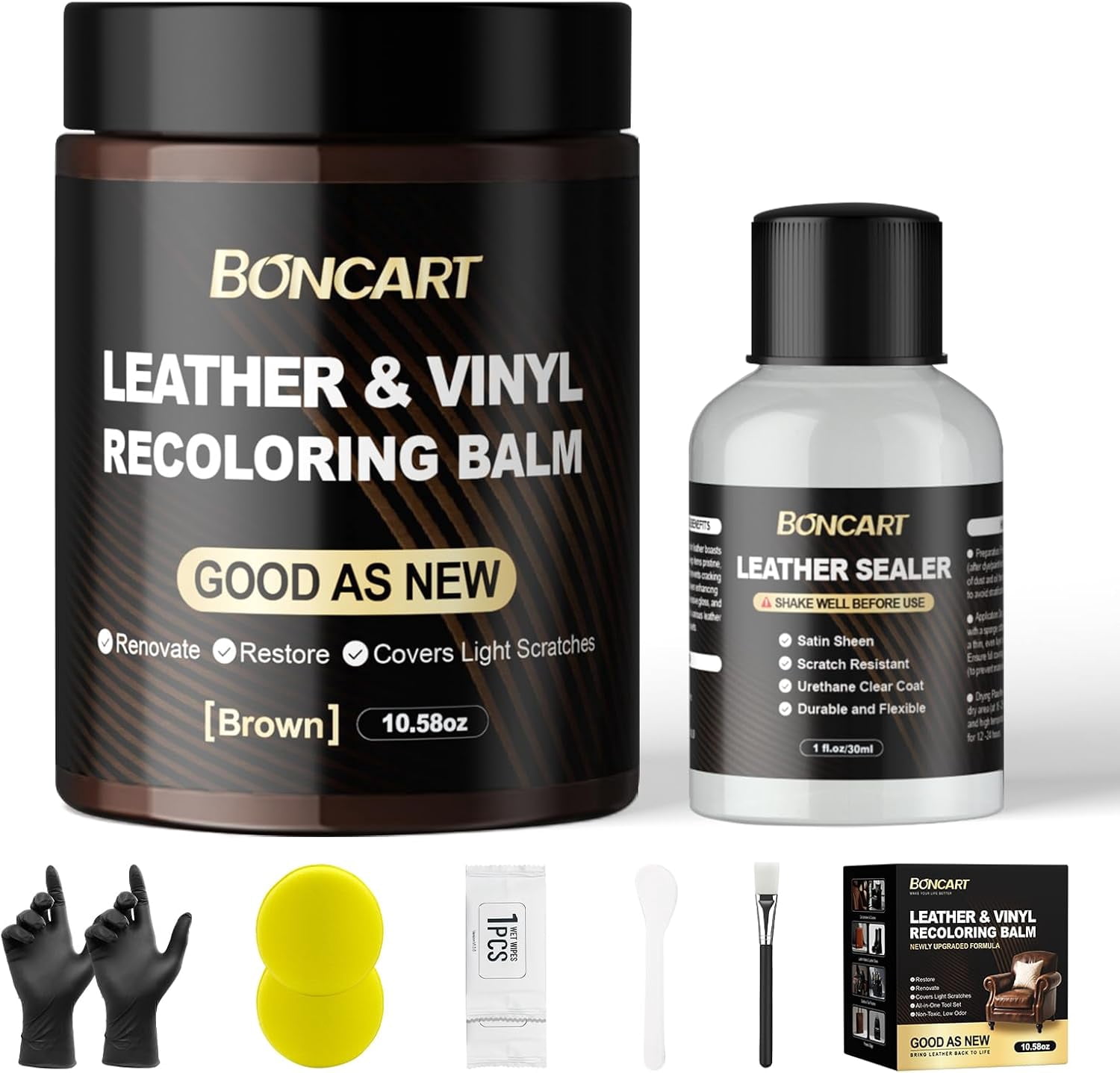 JJEAN-Leather Recoloring Balm with Leather Sealer, 10.58oz Leather Color Restorer, Brown Leather Repair Kit for Vinyl Furniture Shoes Car Seats Bags, Leather Dye & Paint for Faded Couches (Brown Colo