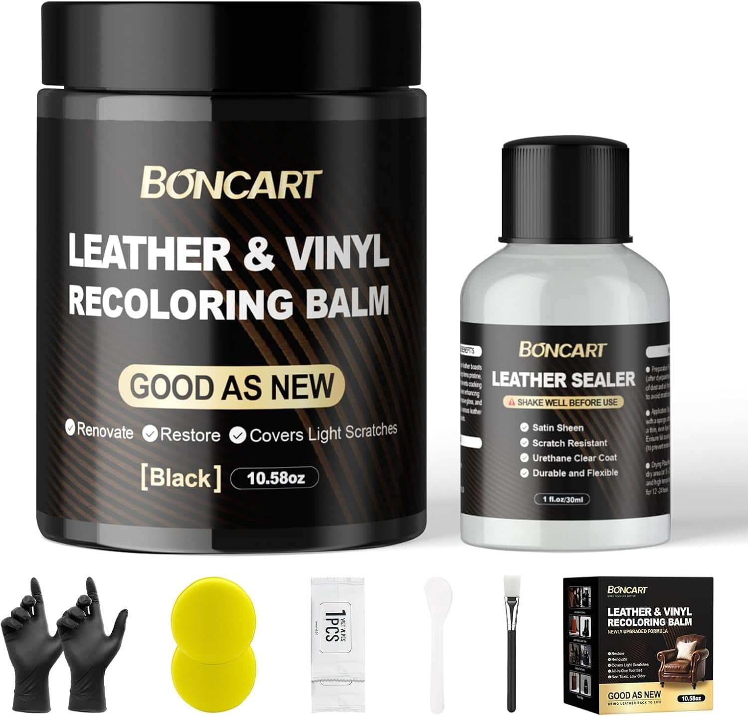 JJEAN-Leather Recoloring Balm with Leather Sealer, 10.58oz Leather Color Restorer, Leather Repair Kit for Vinyl Furniture Shoes Car Seats Bags, Black Leather Dye Paint Leather Scratch Repair (Black C