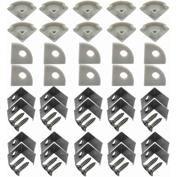 JJEAN-Led Channel Metal Mounting Clips and Gray End Caps with Screws Led accessories for V shape Aluminum Channel Led Light Diffuser of led under cabinet lights 20pcs