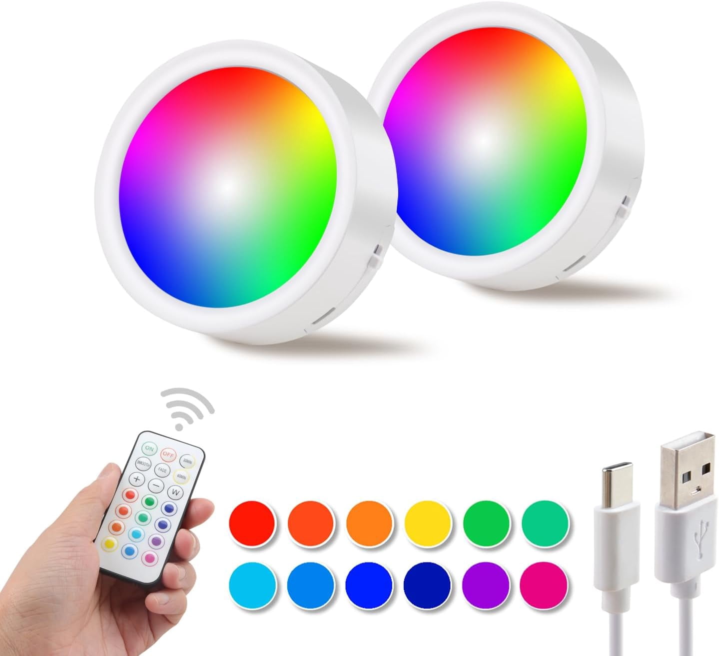 JJEAN-Locker Light Magnetic Under Cabinet Lighting with Remote, Rechargeable Tap Light Dimmable Battery Operated Wireless Shelf Lights, Color Changing Puck Lights for Kitchen Toillet Bedroom White