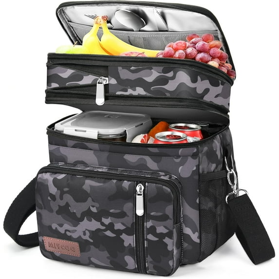 JJEAN-Lunch Bag & Lunch Box for Men Women, Double Deck Leakproof Insulated Soft Large Adult Camping Cooler bag for Work, Beach, Picnic, Travel (Black Camo, 15L)