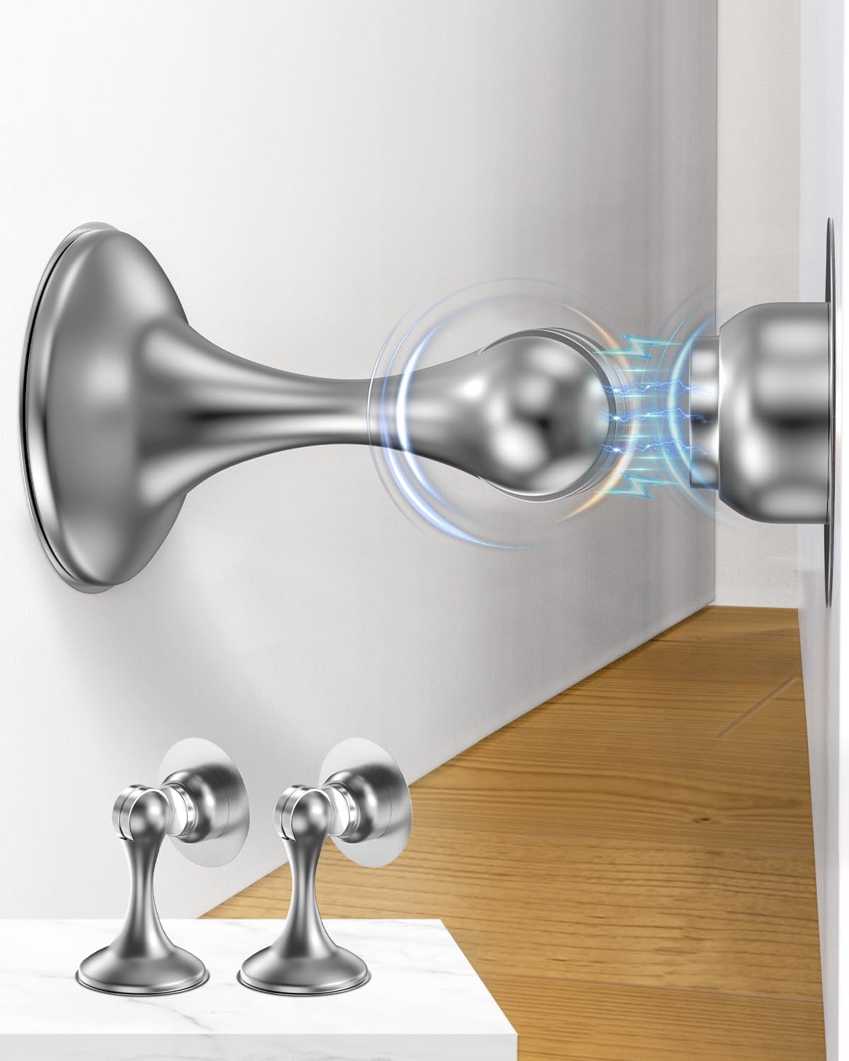 JJEAN-Magnetic Door Stoppers 2 Pack, Stainless Steel Door Stops for Wall and Floor Mounting, Door Holder Keep Door Open, No Drilling Door Stop with 3D Adhesive Tapes, Silver