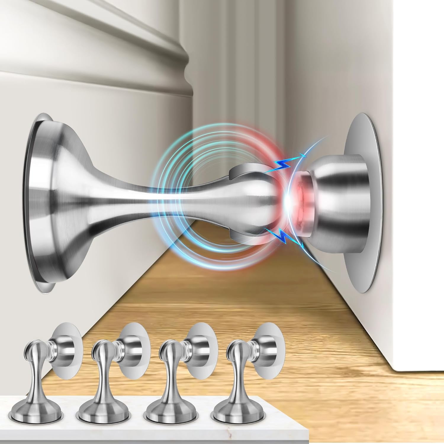 JJEAN-Magnetic Door Stoppers 4 Pack, Stainless Steel Door Stops for Wall and Floor Mounting, Door Holder Keep Door Open, No Drilling Door Stop with Adhesive Tapes, Silver